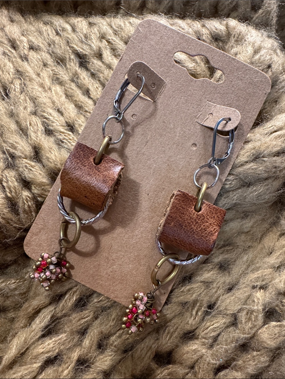 Handmade Genuine Brown Leather & Pink Bead Drop Earrings